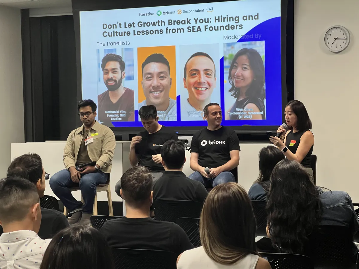 Wen moderating “Don’t Let Growth Break You,” a founder conversation about hiring and culture in Singapore.