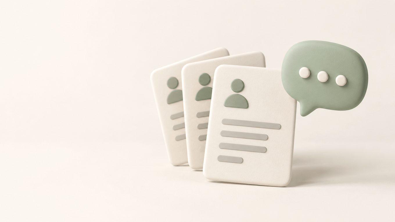 Three cream CV cards beside a sage-green speech bubble on an ivory background.