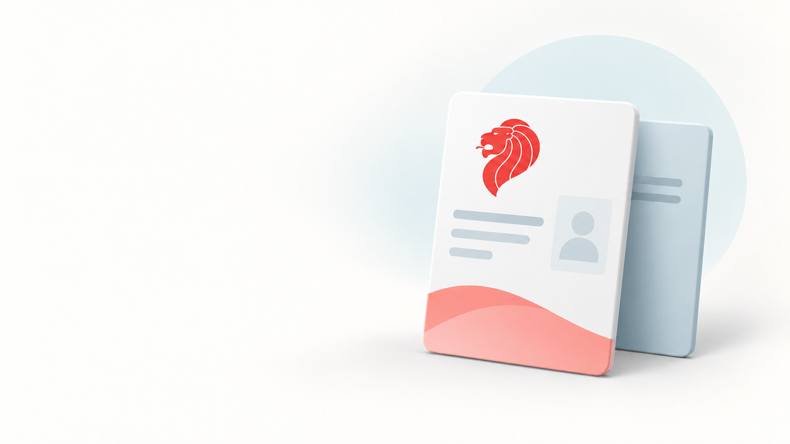 Two stylised permit cards, one displaying a red Singapore lion symbol.