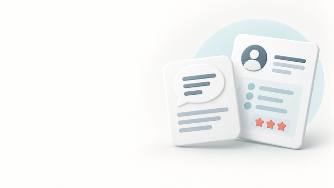 Soft three-dimensional interview notes and candidate review cards in muted blue and coral.