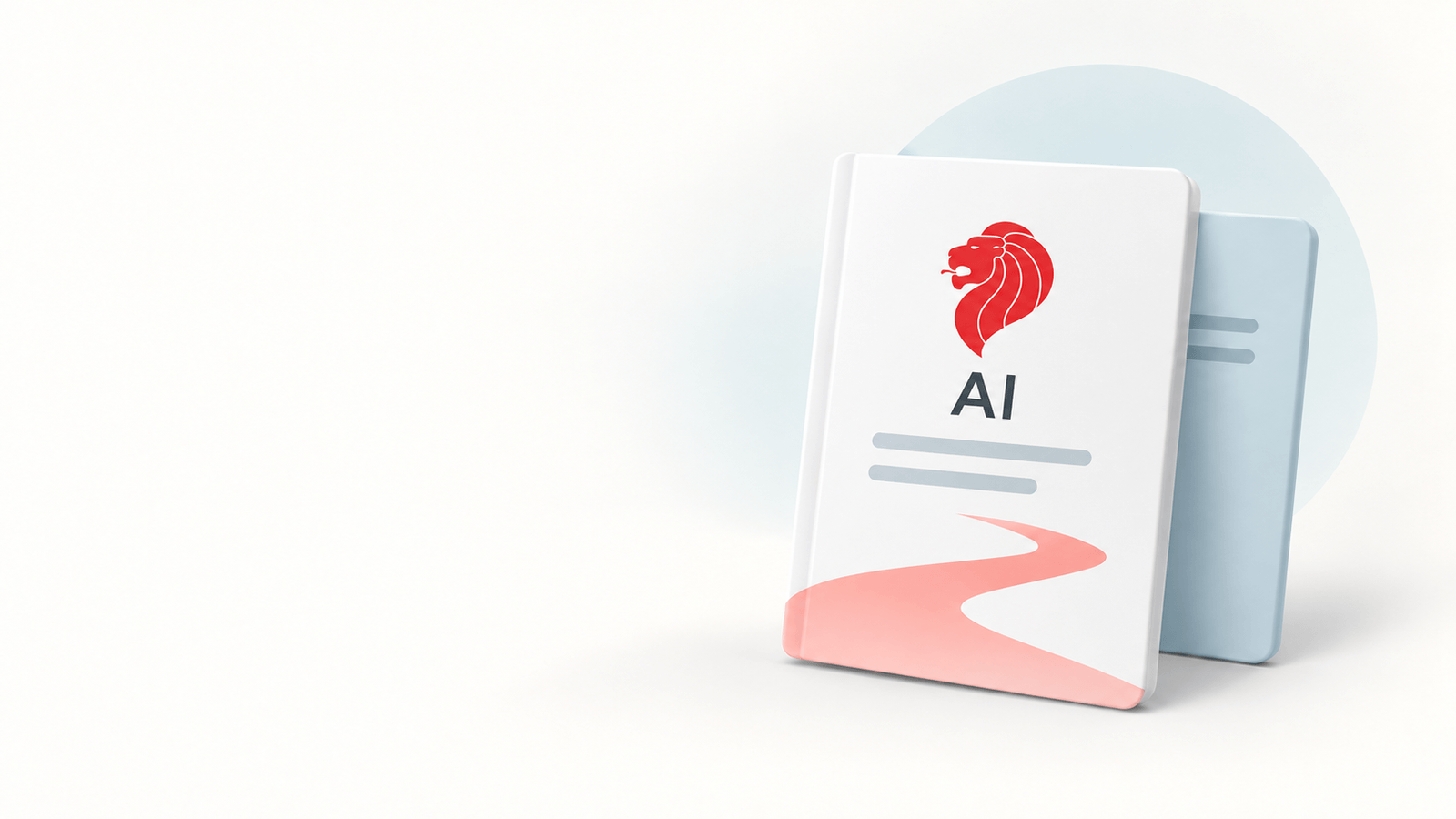 Minimal booklet-style illustration labelled “AI” with a Singapore lion emblem, representing AI governance for Singapore financial institutions.