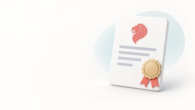 Illustration of a Singapore-branded certificate with a gold seal and red ribbons.
