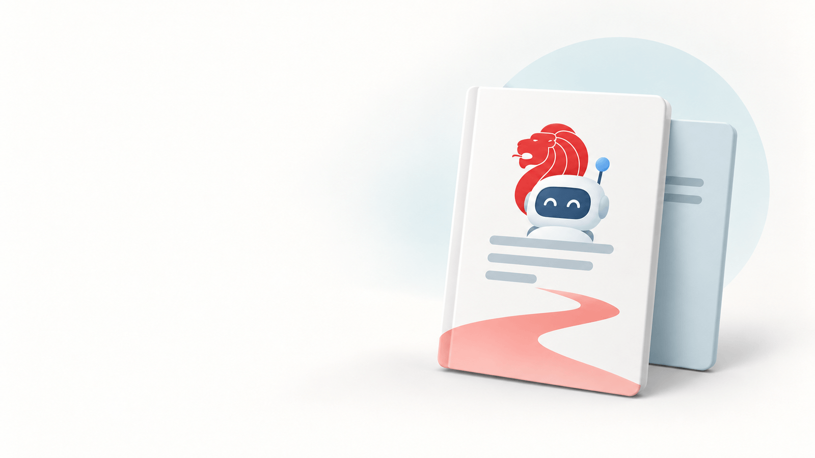 Illustrated document cards showing a red Singapore lion and a small robot.