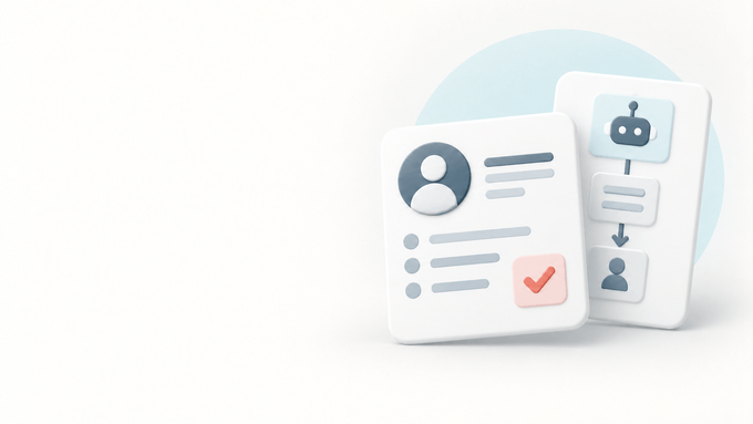 A candidate review card beside a simple automated screening and recruiter handover workflow.