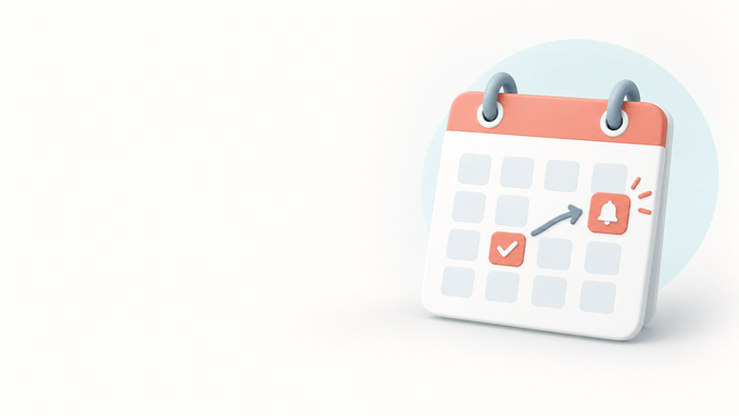 A desktop calendar with two highlighted review dates linked by an arrow.